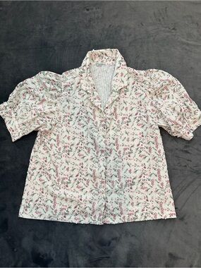 Peppermint Floral Puff Sleeve Button-Up Blouse